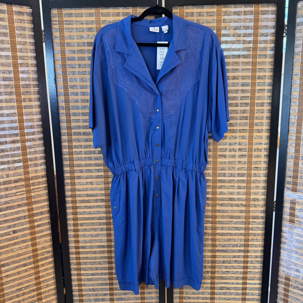 Together Romper Women 18 Blue Vintage Embroidered Rayon Short Sleeve Jumpsuit